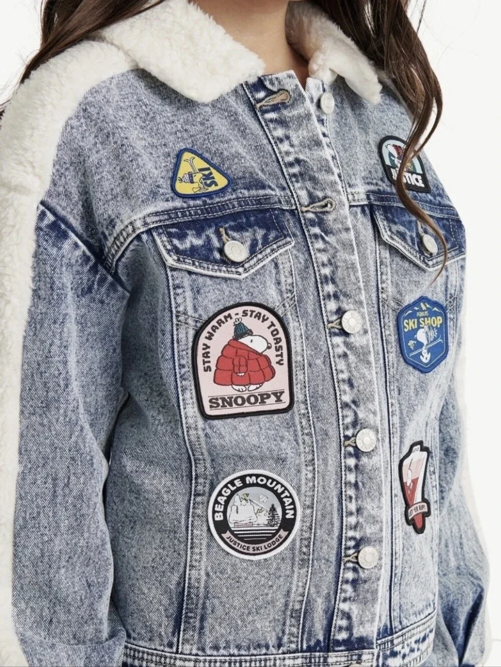 Justice x Snoopy Girls Acid Wash Patchwork and Sherpa Denim Jacket NWOT